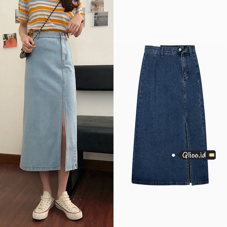 Korean Style Slit Rok Denim Panjang Wanita A-line Skirt Midi High Waist