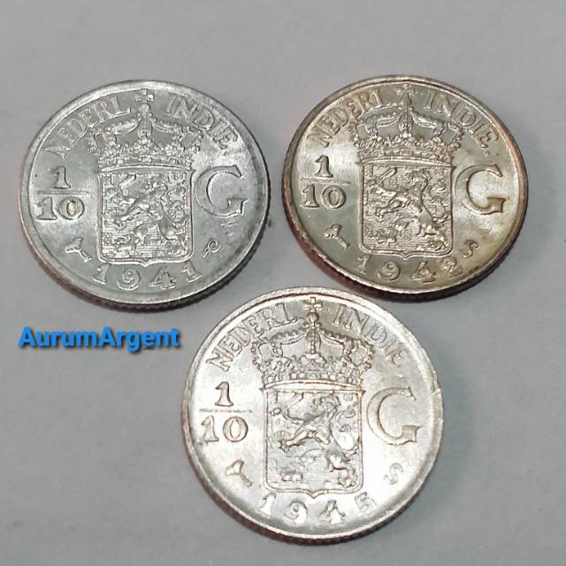 SA120-- 3 PC KOIN PERAK KUNO ASLI 1/10 GULDEN NEDERL INDIE TH 1941, 1942 & 1945. -- SILVER COIN --