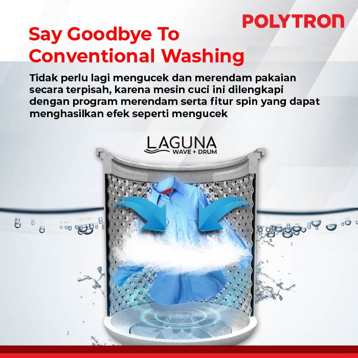 POLYTRON Mesin Cuci 1 Tabung Zeromatic Laguna series Hijab 10 KG - PAW 1028 Top Loading