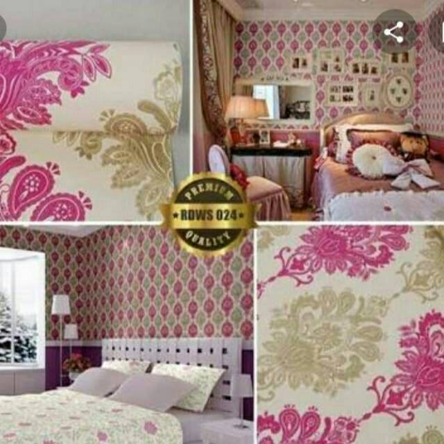 Wallpaper dinding motif batik pink gold