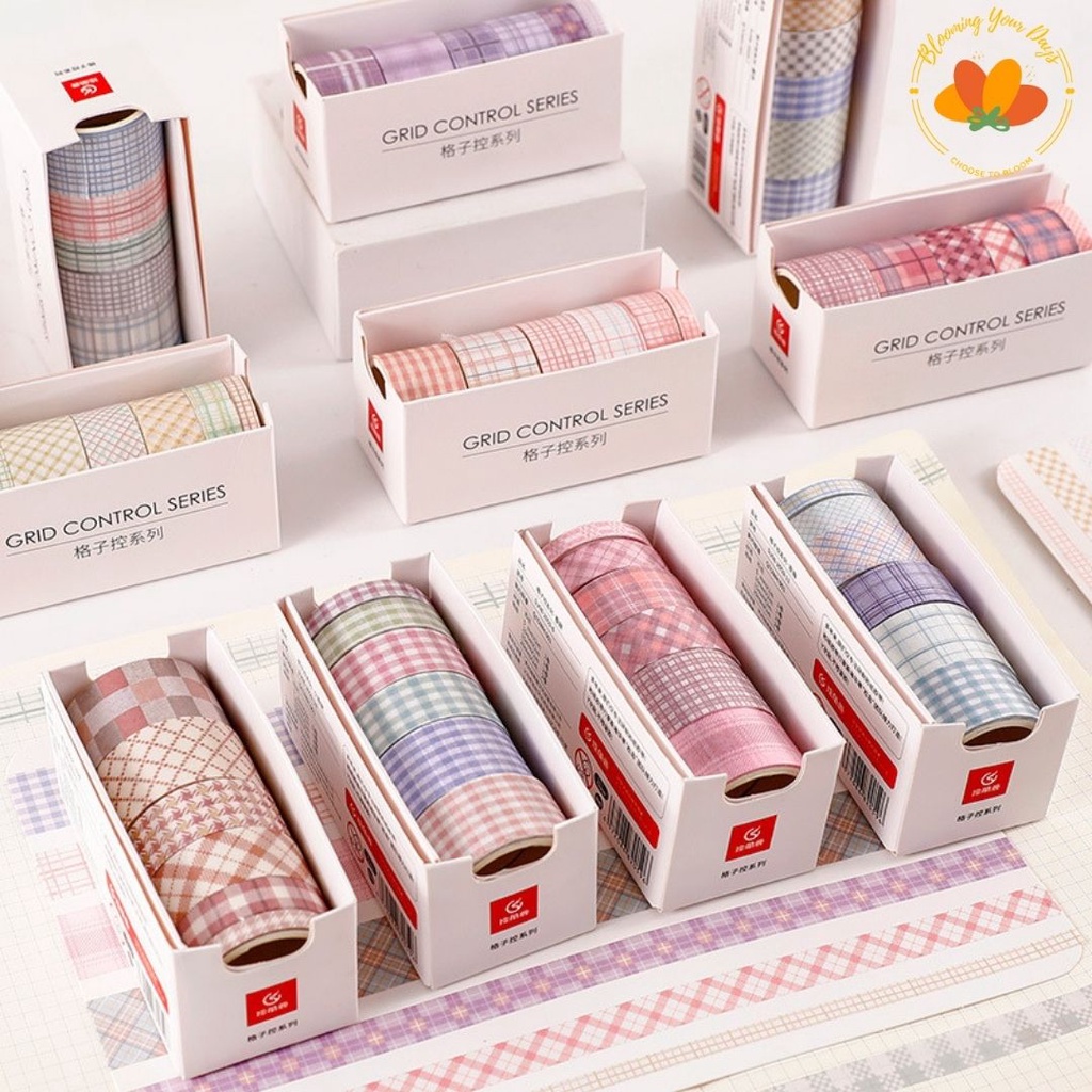 Bloomingyourdays Pastel Washi Tape 6pcs rolls Kotak Grid Masking Tape Set Gingham Pattern Grid