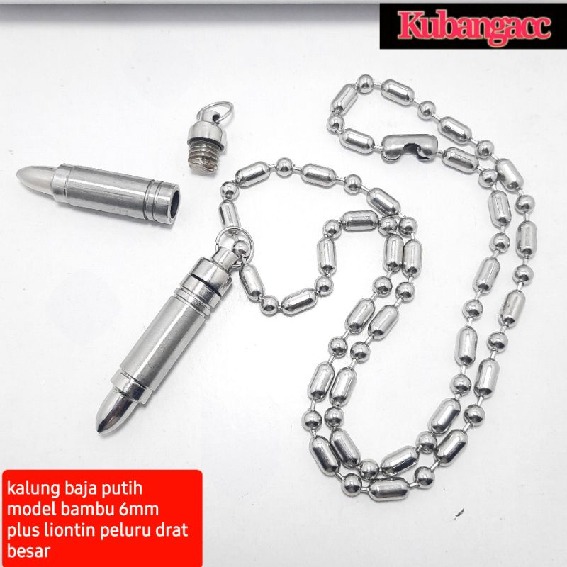 Kalung. Kalung Baja Putih Bambu 6 MM Plus Bandul Peluru Drat Besar Kalung Pria Anti Karat Selamanya