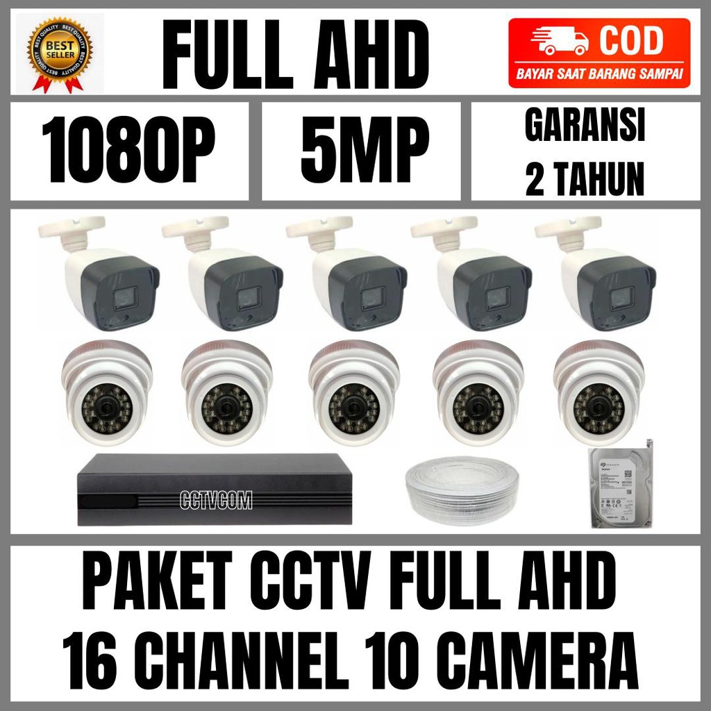 PAKET CCTV FULL AHD 16 CHANNEL 10 KAMERA 5MP IR SONY 1080P KOMPLIT TINGGAL PASANG