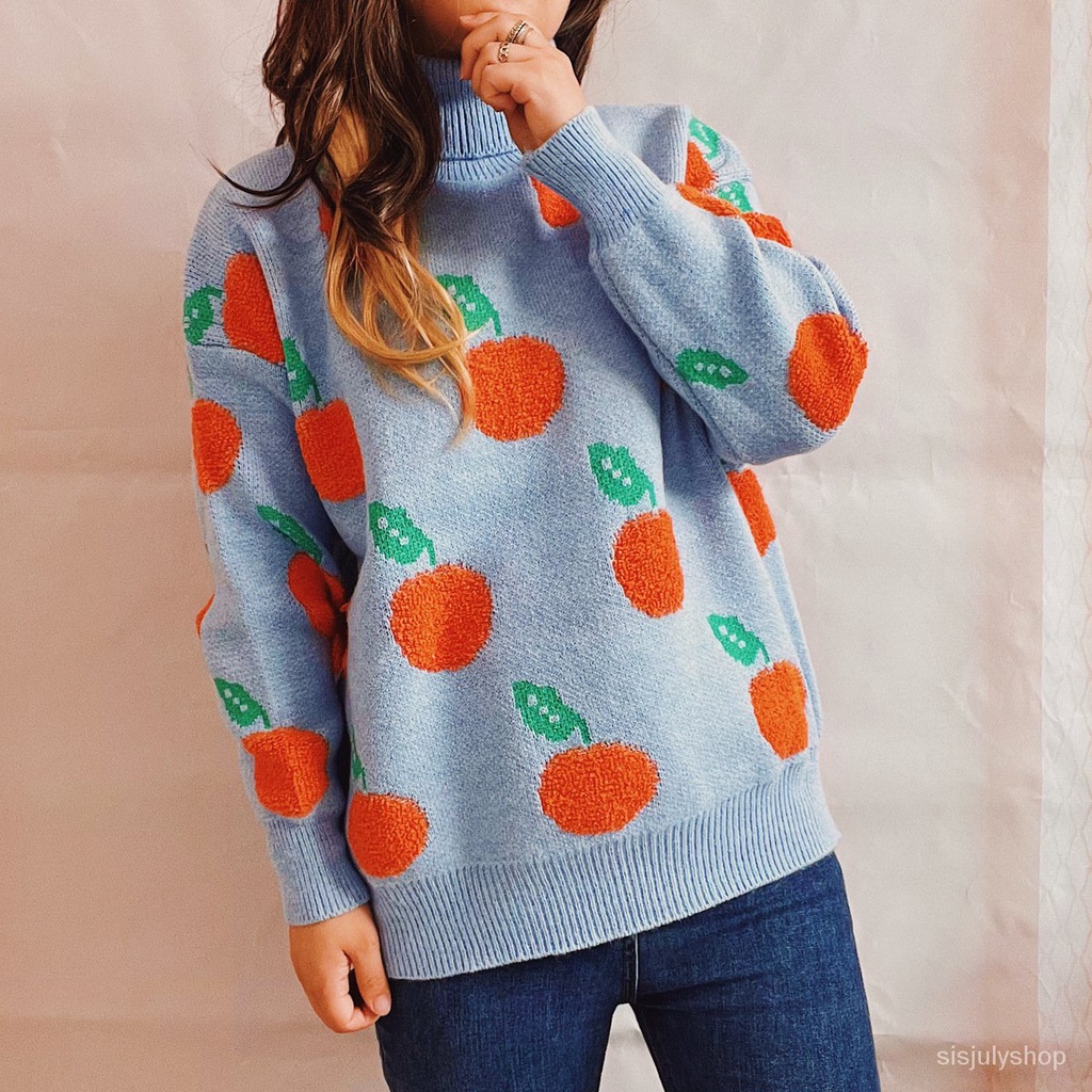 #Sisjuly# Wanita Baru Kasual Tinggi Leher Lengan Panjang Tebal Longgar Orange Berkelompok Sweater Pu