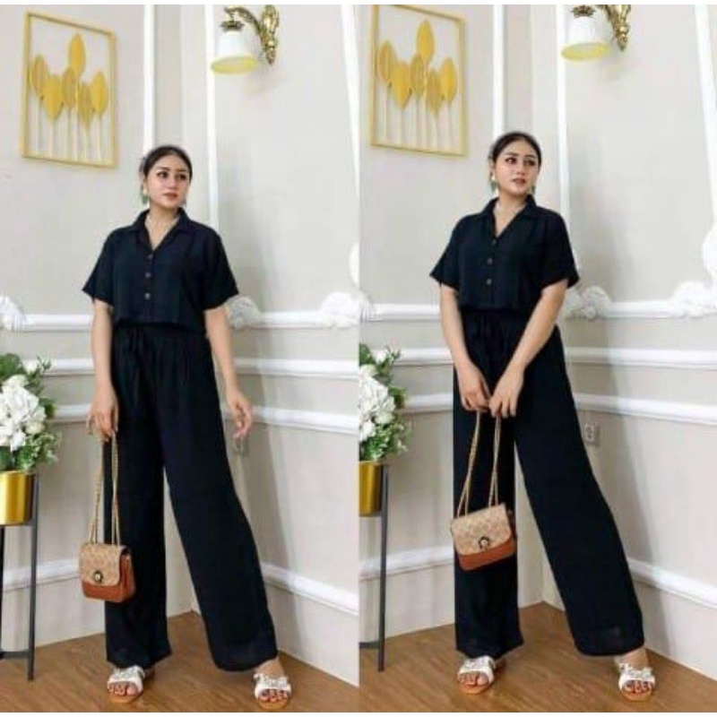 SETELAN CROP/KOREA BUSUI KANCING DEPAN CELANA KULOT