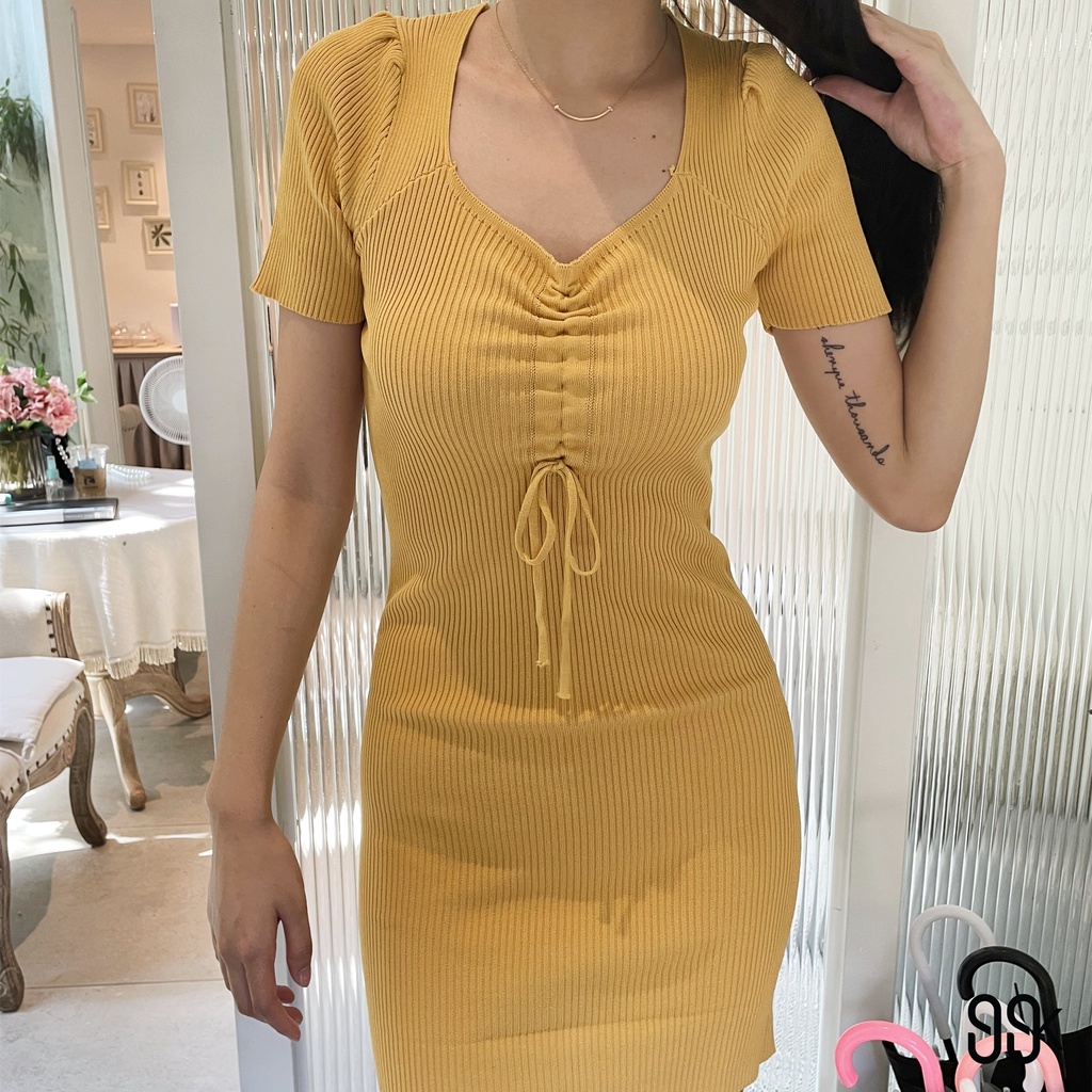 Sexy Knit V-neck Short Sleeve Bodycon Mini Dress Wanita Tali Serut 2037