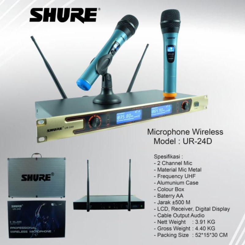 mic wireless shurw UR 24D free koper double mic handle shure UR24D prof wireless microphone