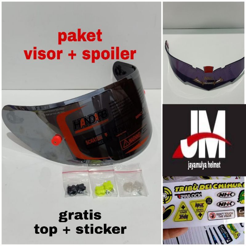 Paket flat visor NHK Rx9/GM Race pro  iridium + spoiler + top / post + sticker husus kaca + spoiler helm NHK Rx9 GM Race pro