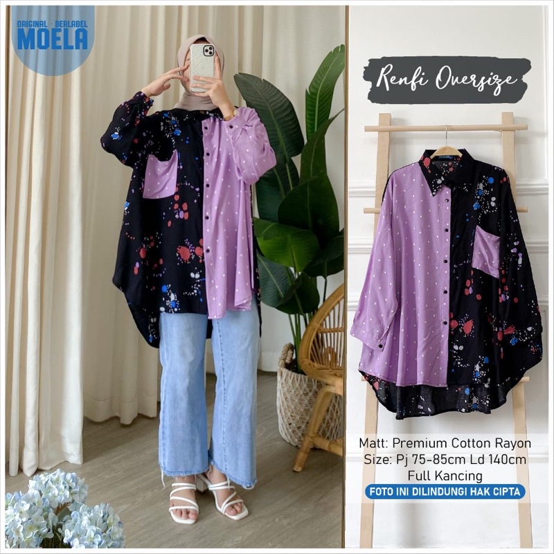 Renfi Oversize Original by Moela Berlabel Kemeja Oversize Motif Kombinasi Abstrak dan Polkadot Blous