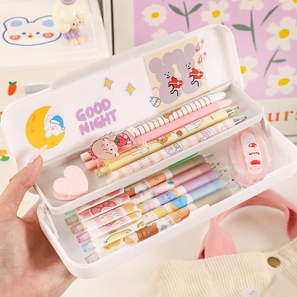 Top Cartoon Stationery Box Baru Kreatif Lapisan Ganda|Kotak Pen Cream