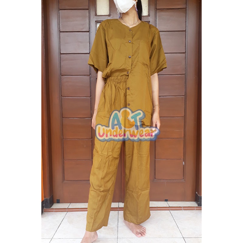 AT338-Setelan Pajamas Kemeja Lengan Pendek/OneSet Piyama Rayon/Baju Tidur Polos