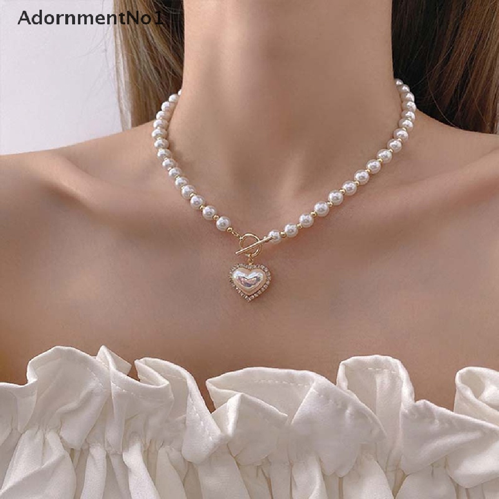 (AdornmentNo1) Kalung Rantai Dengan Liontin Hati + Mutiara + Berlian Imitasi Elegan Gaya Korea Untuk Wanita