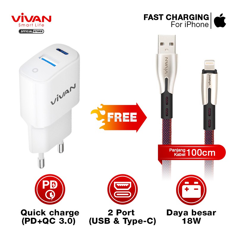 Charger Fast Charging VIVAN 2 Port USB QC3.0 &amp; Type-C (PD) 3A 18W Free Kabel USB Micro/iPhone/Type C