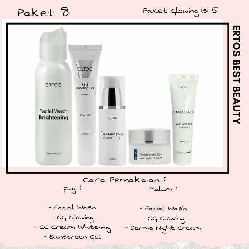 Ertos Paket Lengkap Perawatan Wajah original Berminyak Komedo flex hitam pori besar jerawar bruntusan radang kering Glowing-Paket 8