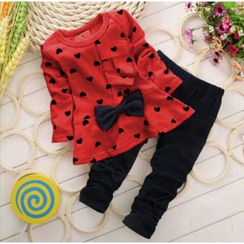 A327 Setelan Merah Anak Perempuan , Baju Pita Anak Perempuan, Setelan Natalan Anak Kecil Cewek