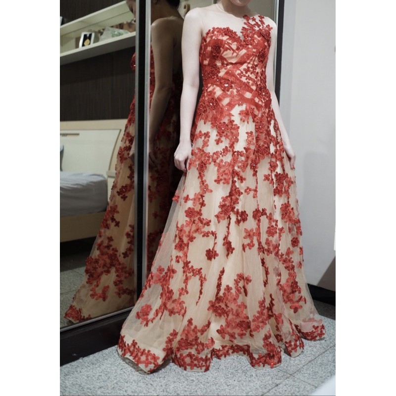 Preloved A line gown party / second / baju pesta prelove / dress brokat / gaun bekas merah