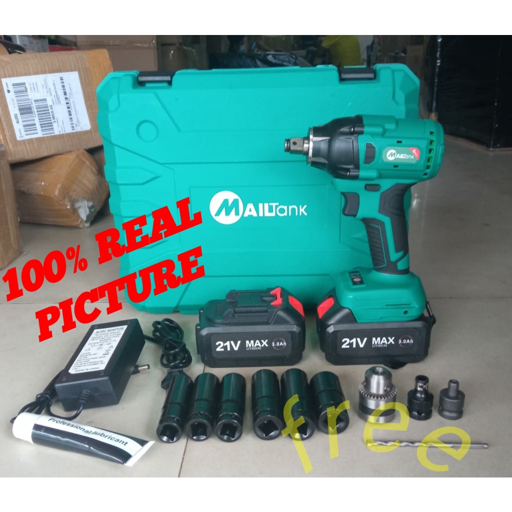 MAILTANK MESIN IMPACT WRENCH PEMBUKA BAUT MUR / CORDLESS IMPACT 21 VOLT PLUS AKSESORIS PELENGKAPNYA