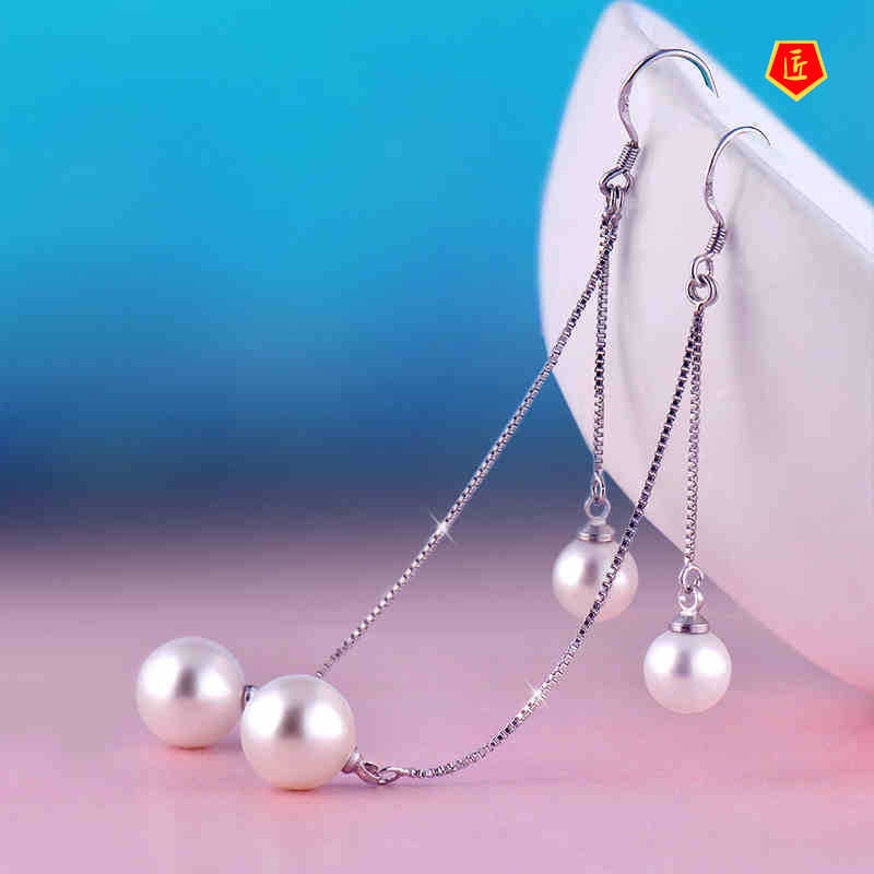 [Ready Stock]Silver Elegant Pearl Earrings Women's Long Simple All-Match