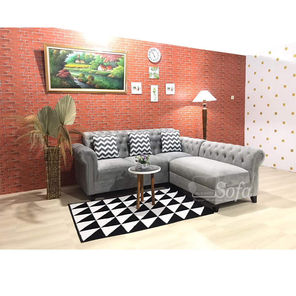 Sofa Ruang Tamu Modesty L Sancu + Meja Retro Bulat