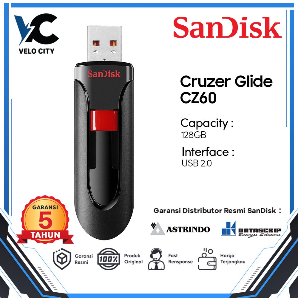 Flashdisk SanDisk 128GB USB 2.0 Cruzer Glide CZ60 - Garansi Resmi 5 Tahun