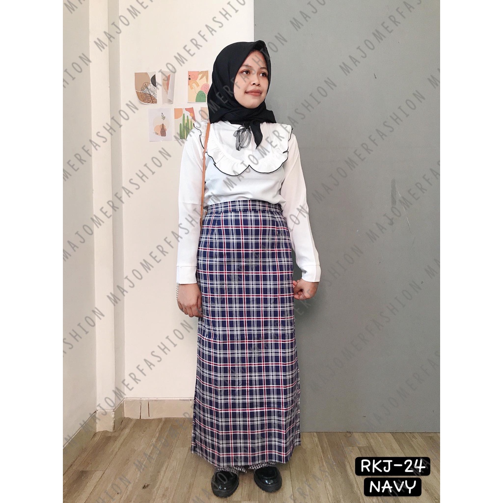 MAJOMER ® | ISHAK TARTAN LONG SKIRT - ROK PANJANG SEMI SPAN-RKJ-24 NAVY