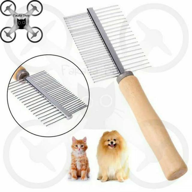 Sisir Bulu Anjing Kucing dengan Ganggang Kayu Grooming Comb Dua 2 Sisi Wood