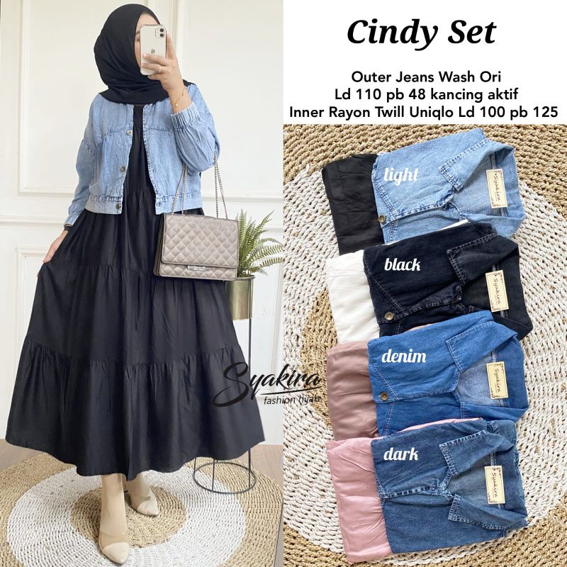 Cindy set outer jeans wash ori kancing aktif inner rayon twill uniqlo syakira fashion hijab
