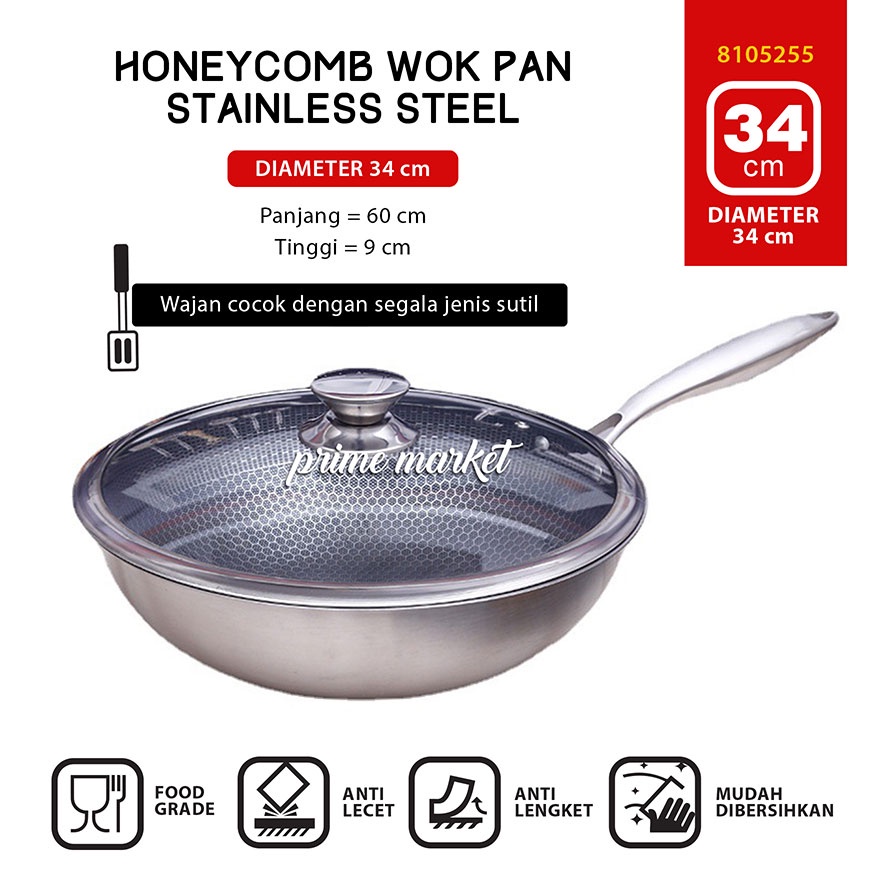 Honeycomb Stainless Steel Wok Pan + Glass Lid / Wajan Penggorengan Anti Lengket Anti Gores Deep Wok 