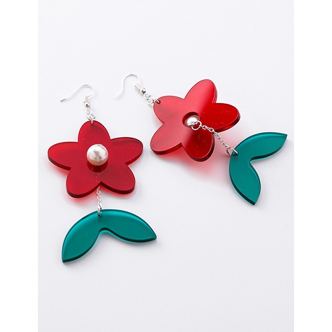 LRC Anting Gantung Fashion Red Acrylic Flower Pearl Earrings F54330