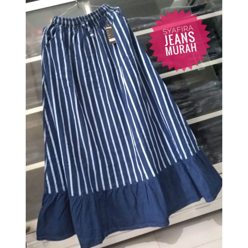 Rok jeans panjang susun bawah XL motif garis cantik