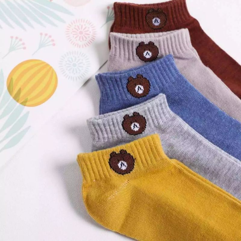 kaos kaki pendek matakaki motif beruang kaos kaki wanita dewasa motif brown/panda bahan lembut termurah-1