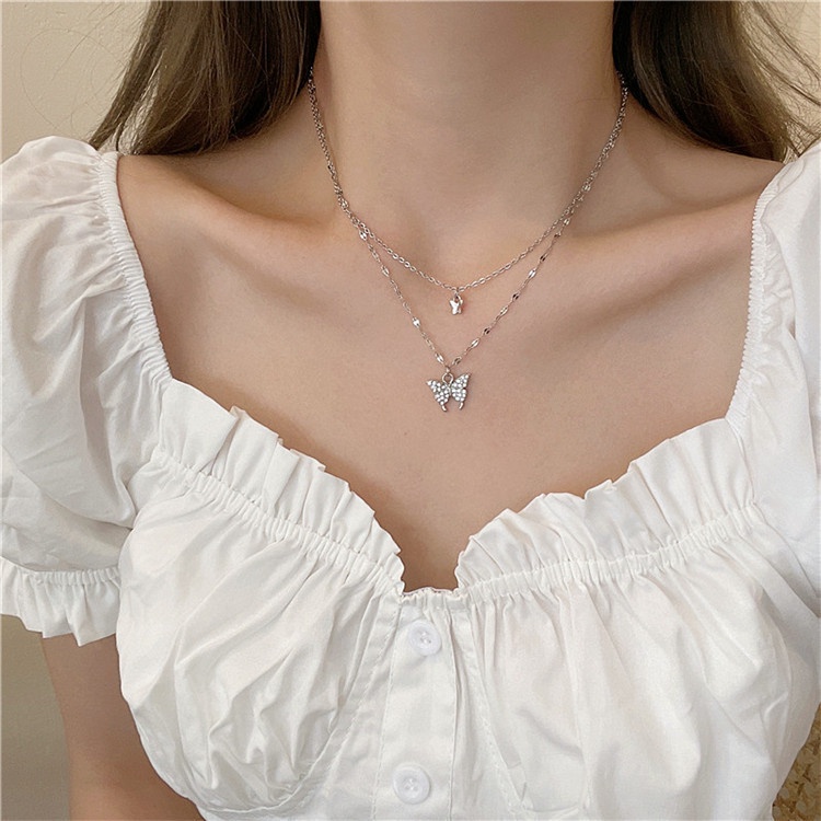 Kalung choker Rantai Klavikula Double layer Desain Kupu-Kupu