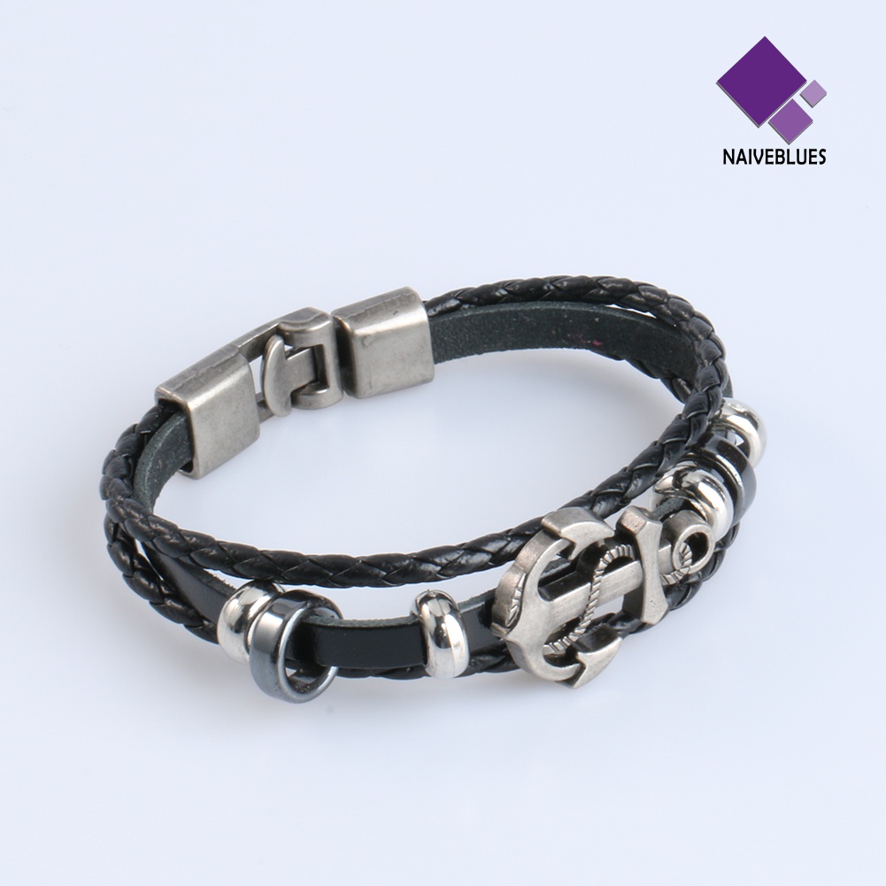 Naiveblue Gelang Tangan Kulit Imitasi Aksen Jangkar Bahan Metal / Baja Gaya Vintage Untuk Pria