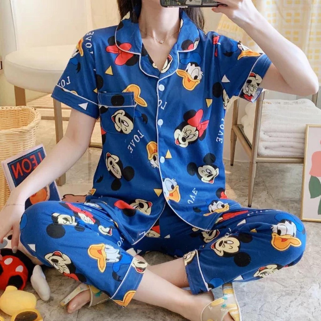 Baju Tidur Piyama Set/Piyama Wanita Import/Baju Piyama Lengan Pendek/Short Sleep Wear A1-A10-A7-Biru Miky