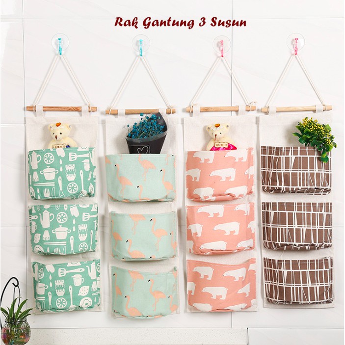 RAK GANTUNG 3 SUSUN BAHAN KAIN POUCH KANVAS serbaguna - random colour