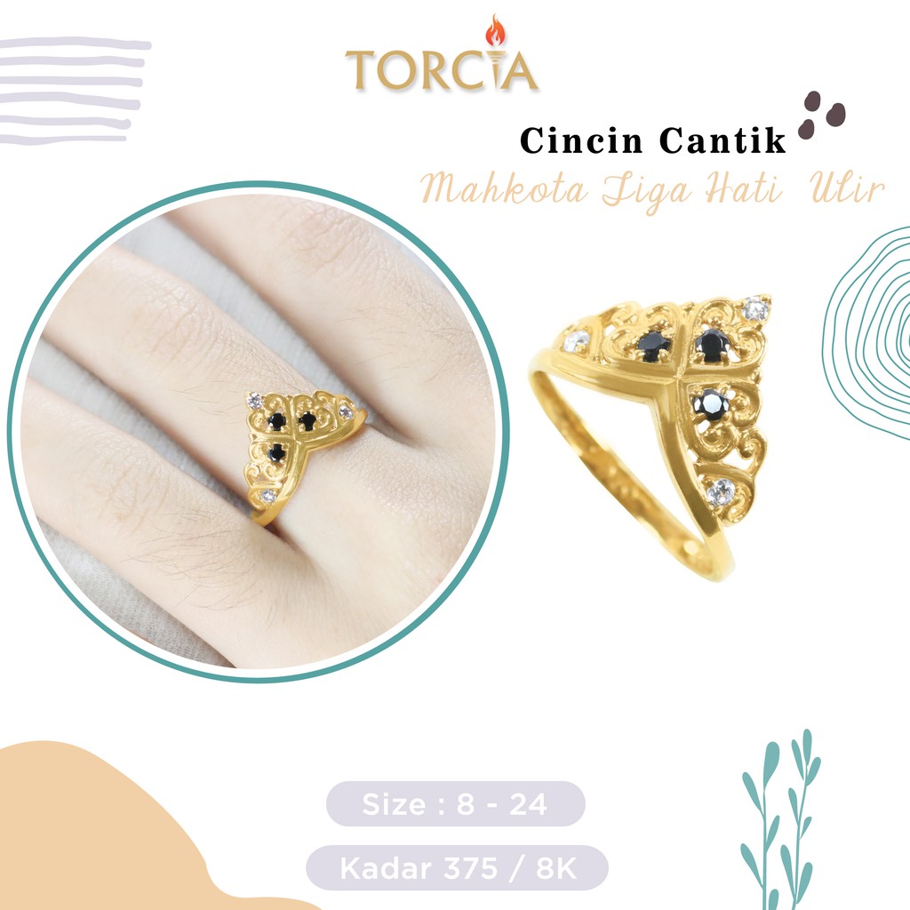 Cincin Emas Asli Cantik Mahkota Tiga Hati Ulir Kadar 375 Torcia
