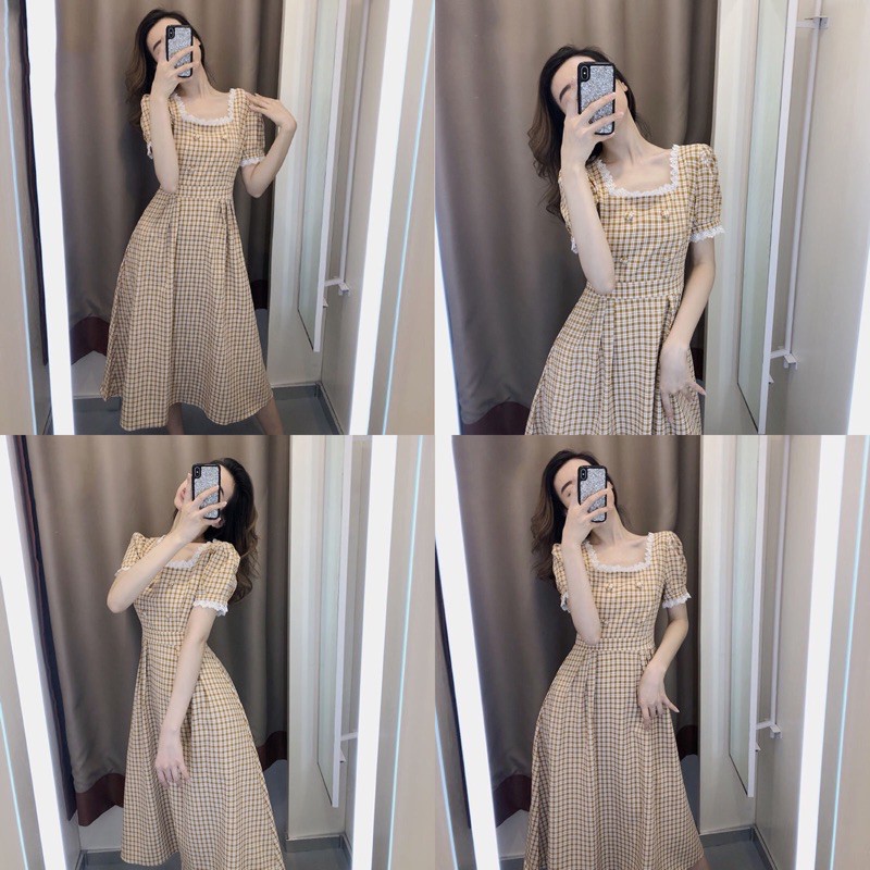 Dress import motif kotak wanita