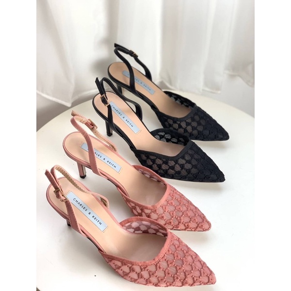 Sepatu Bordir Hak Tinggi Wanita CK Embroidery Slingback High Heels 5cm Premium Import, Hitam Black N