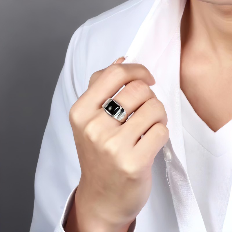 Cincin Jari Onyx Hitam Perak Dapat Disesuaikan Untuk Hadiah Pacar