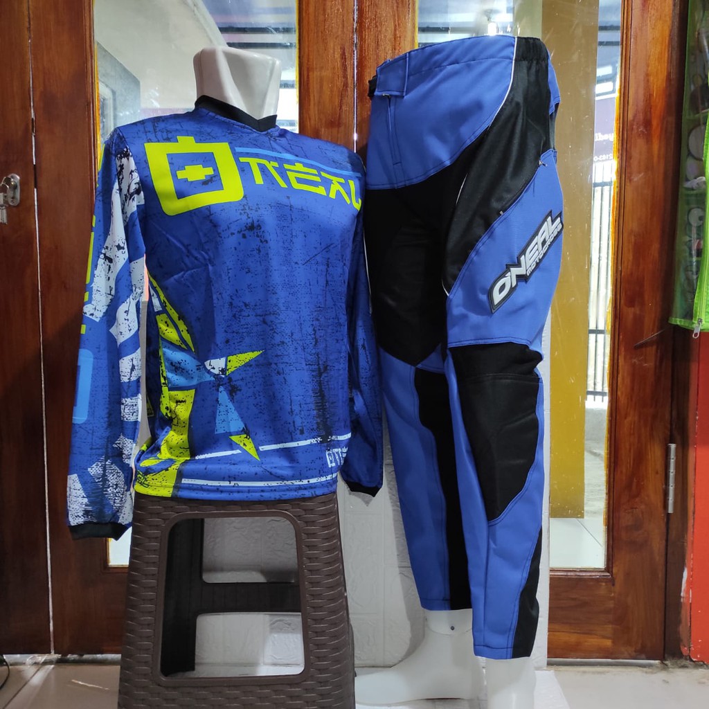 sepatu cross satu set sepatu cross trail jersey sett dan glove print terlaris stabilo biru oneal setelan offroad motor cross