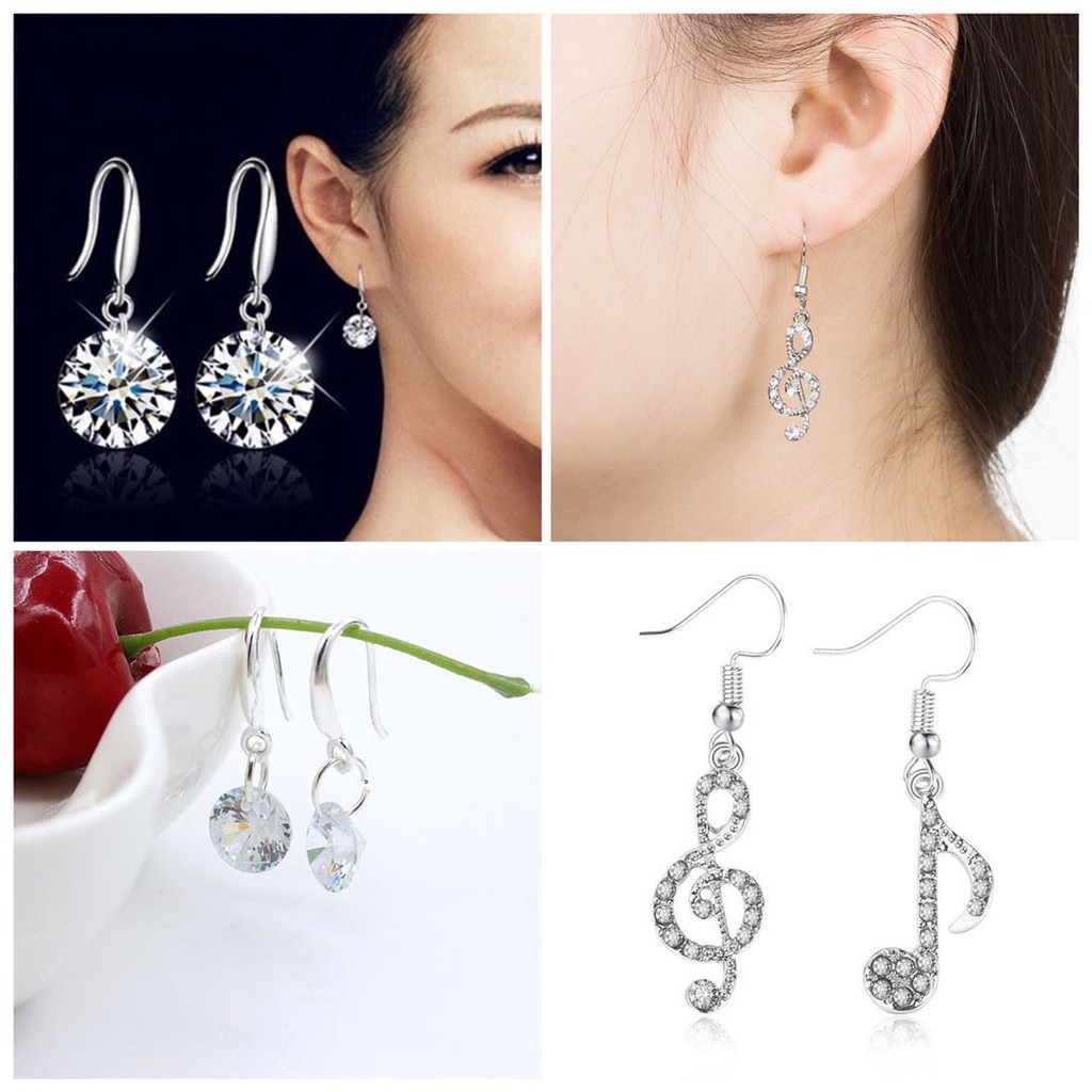 Aksesoris Fashion Wanita: Anting Tusuk Kait Elegan, Zirkon Bulat, Lapis Silver/Perak Rotating Zircon