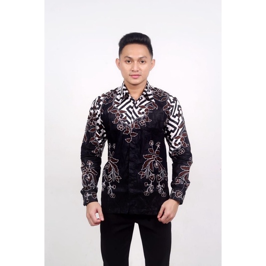 Batik Pria Lengan Panjang BATIK AZMIL HRB026 motif KERATONAN Kode 002 size M L XL XXL Reguler-Pagar putih atas