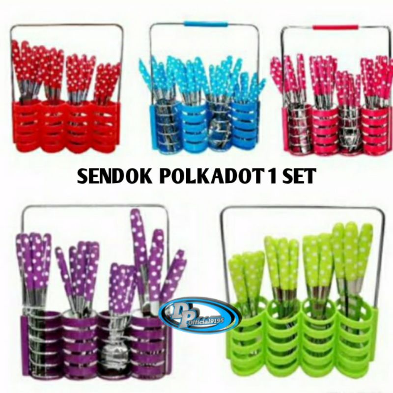 SENDOK POLKADOT + GARPU DAN PISAU STAINLESS STEEL GAGANG PLASTIK