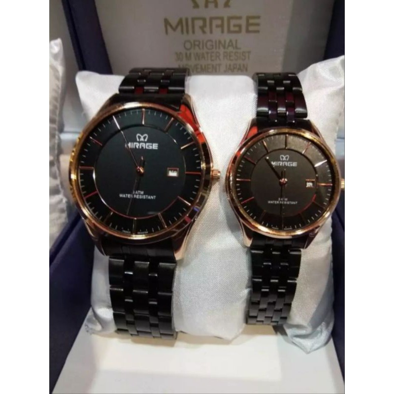 jam tangan couple;MIRAGE M8544BRP-Lhitam rosegold~ORIGINAL WATER RESISTANT