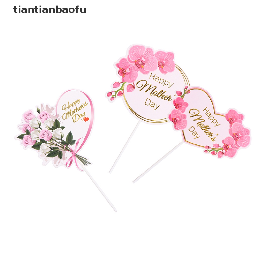 [tiantianbaofu] 10pcs Happy Mother`s Day Cake Topper Pink Heart Flower Rose Toppers Cupcake Dess Boutique