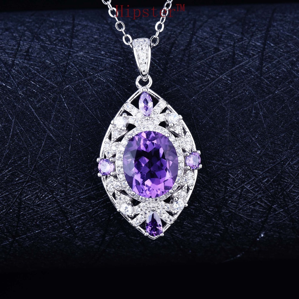 925 Silver Natural Amethyst Pendant 18K Platinum Necklace for Women