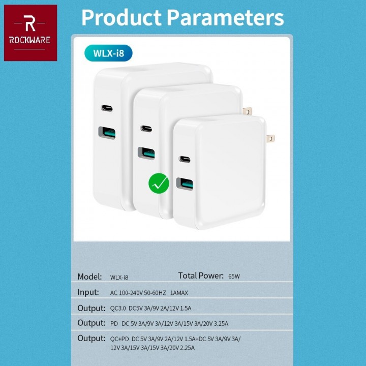 -20 ROCKWARE WLX-I8 65W - Charger 2 Port USB-A dan USB-C - PD dan QC 3.0