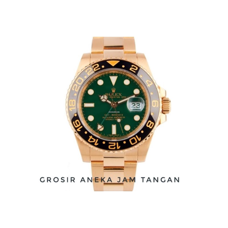 jam tangan pria Rolex GMT Master II 116718 Gold Green Dial 904L swiss eta 1:1 original