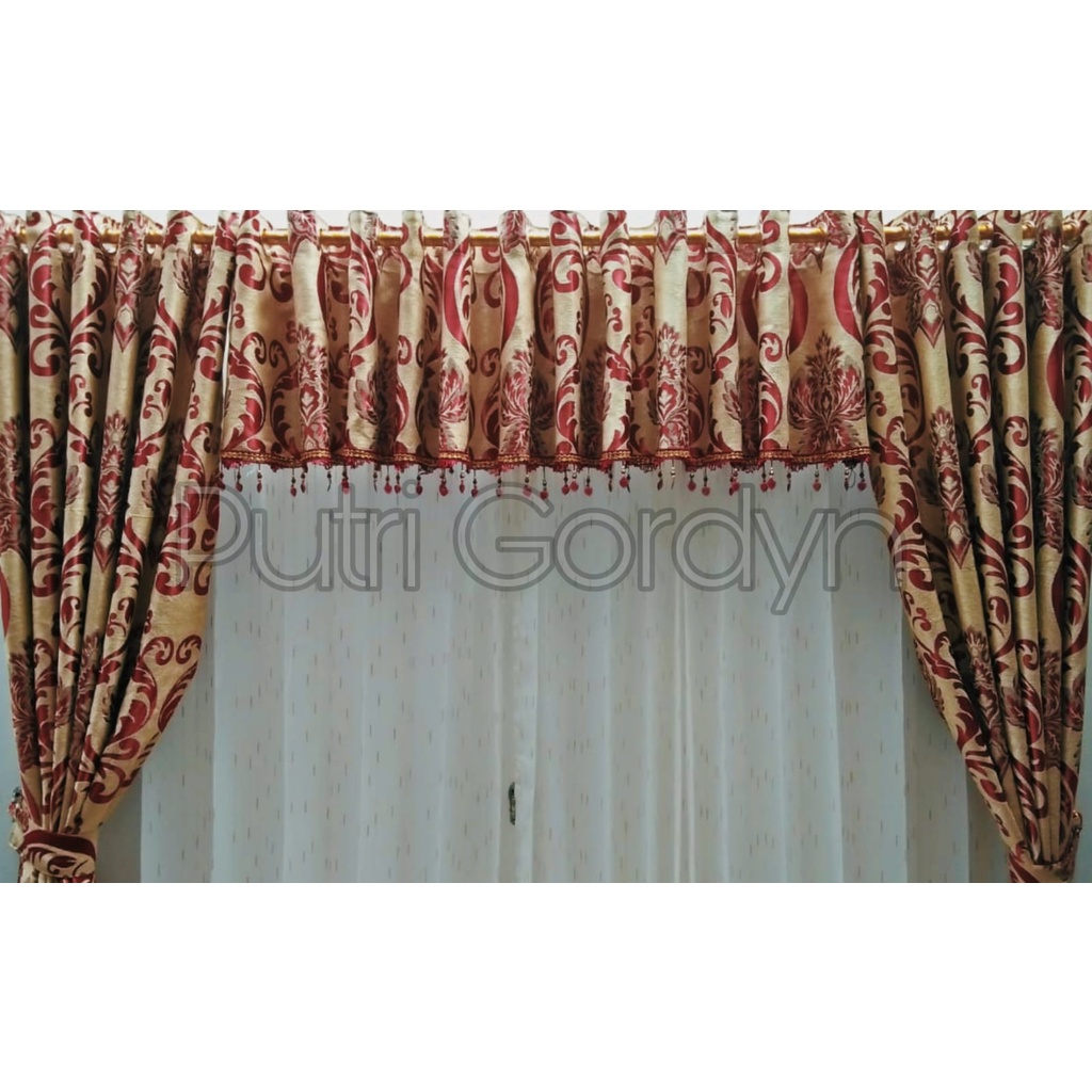 Gorden Hordeng Gordyn  PONI TIRAINYA SAJA Blackout Floging Bulu Abstrak Merah Cream