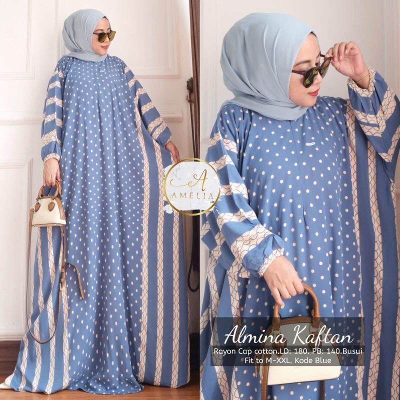 Kaftan Wanita - Almina Kaftan Jumbo XXXXL Motif Polkadiot Soft Color Busui Resleting Rayon Tebal Lengan Panjang / Gamis Rayon Jumbo Kaftan Terbaru